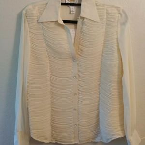 NWT Talbots Petites PURE SILK Blouse Ivory 16P Ruched Draped Pleat MOP Buttons